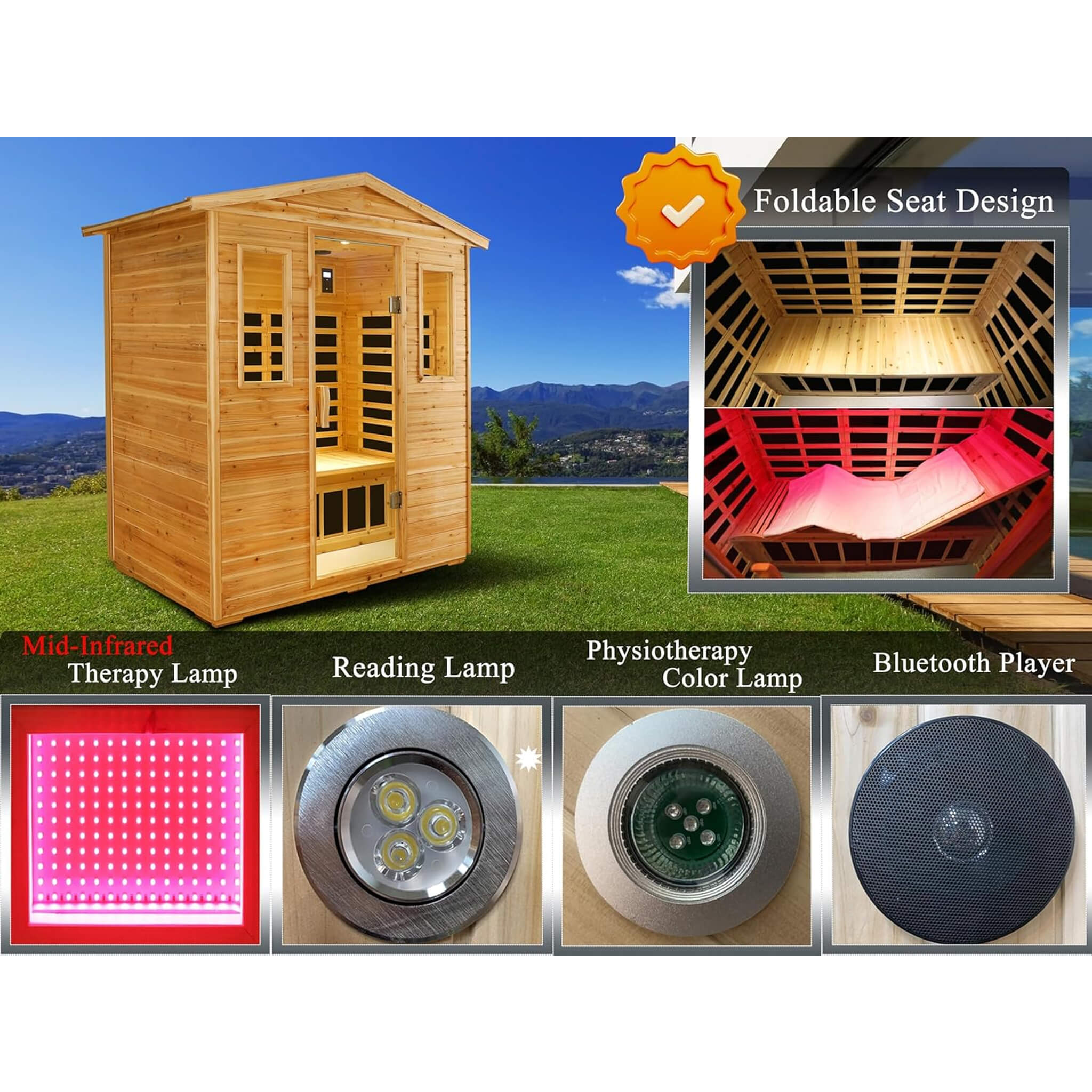 Deluxe 3 -Person Outdoor Full Spectrum Low EMF Infrared Home Sauna With Bluetooth Speakers LED Reading Light SAKSBY WHOLESALE