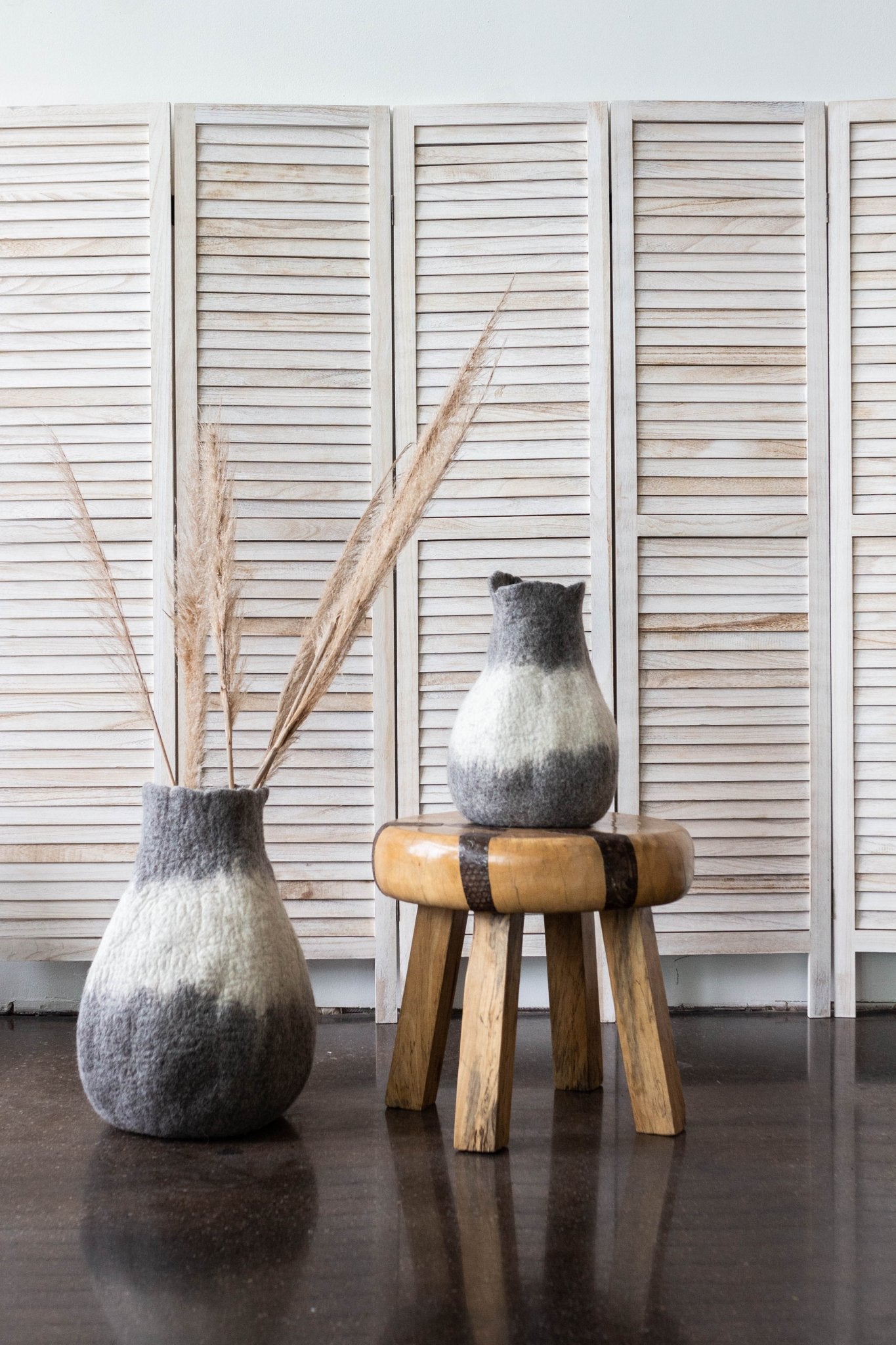 Eclipse Charcoal and Ivory Wool Gourd Basket Kanju Interiors