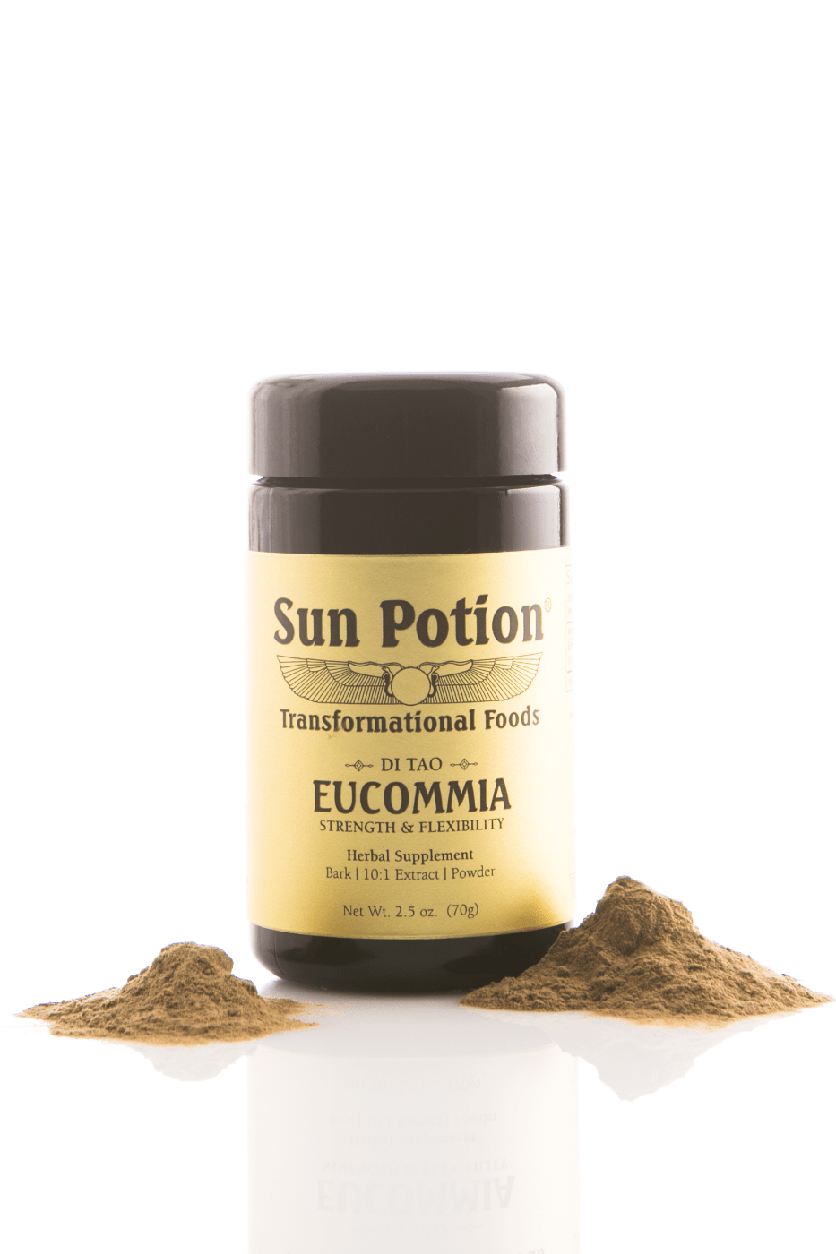 Sun Potion Eucommia jar with brown powder spilled on both sides