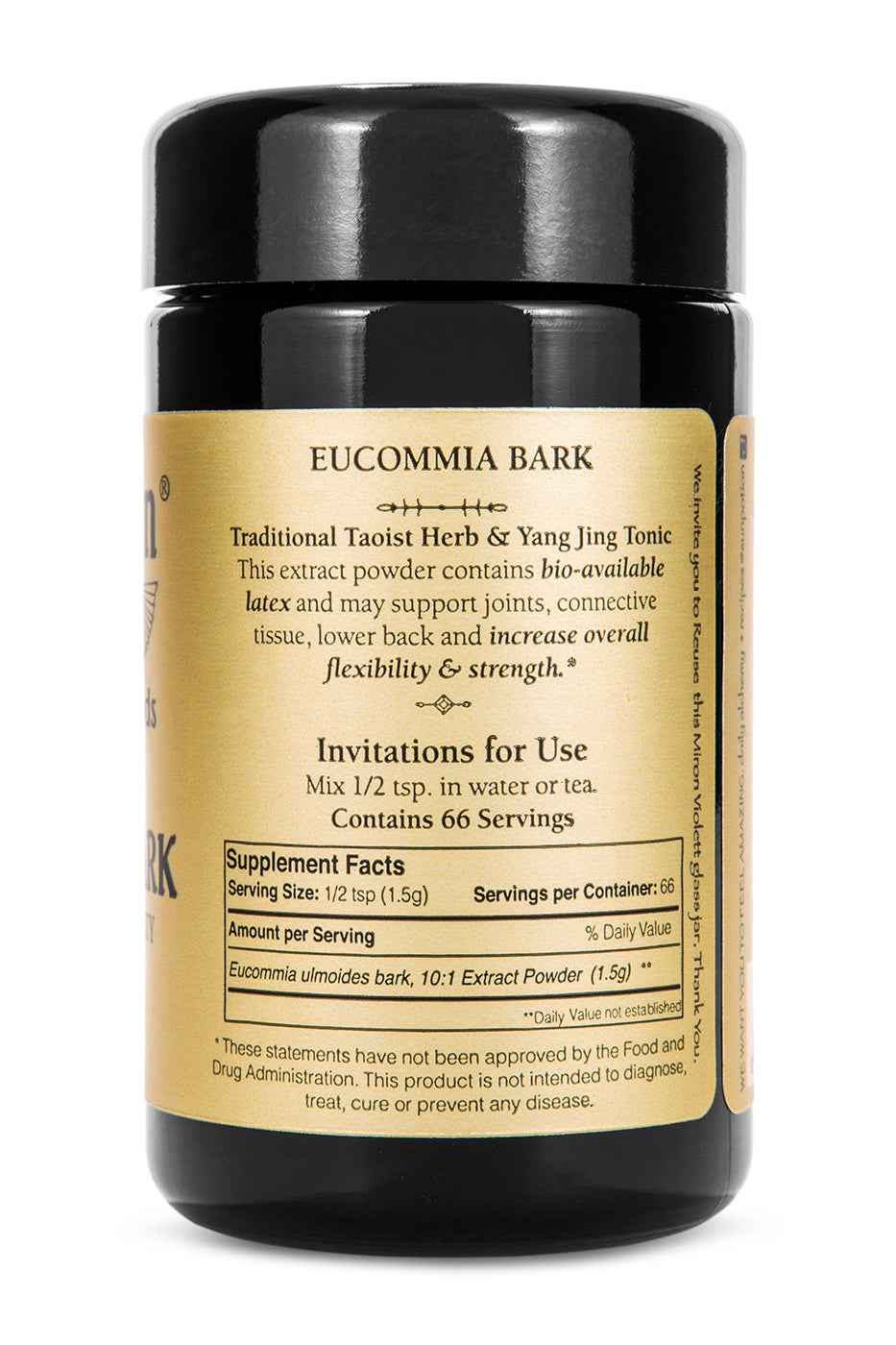 Back of the Sun Potion Eucommia jar with invitations for use and supplement facts, 66 servings