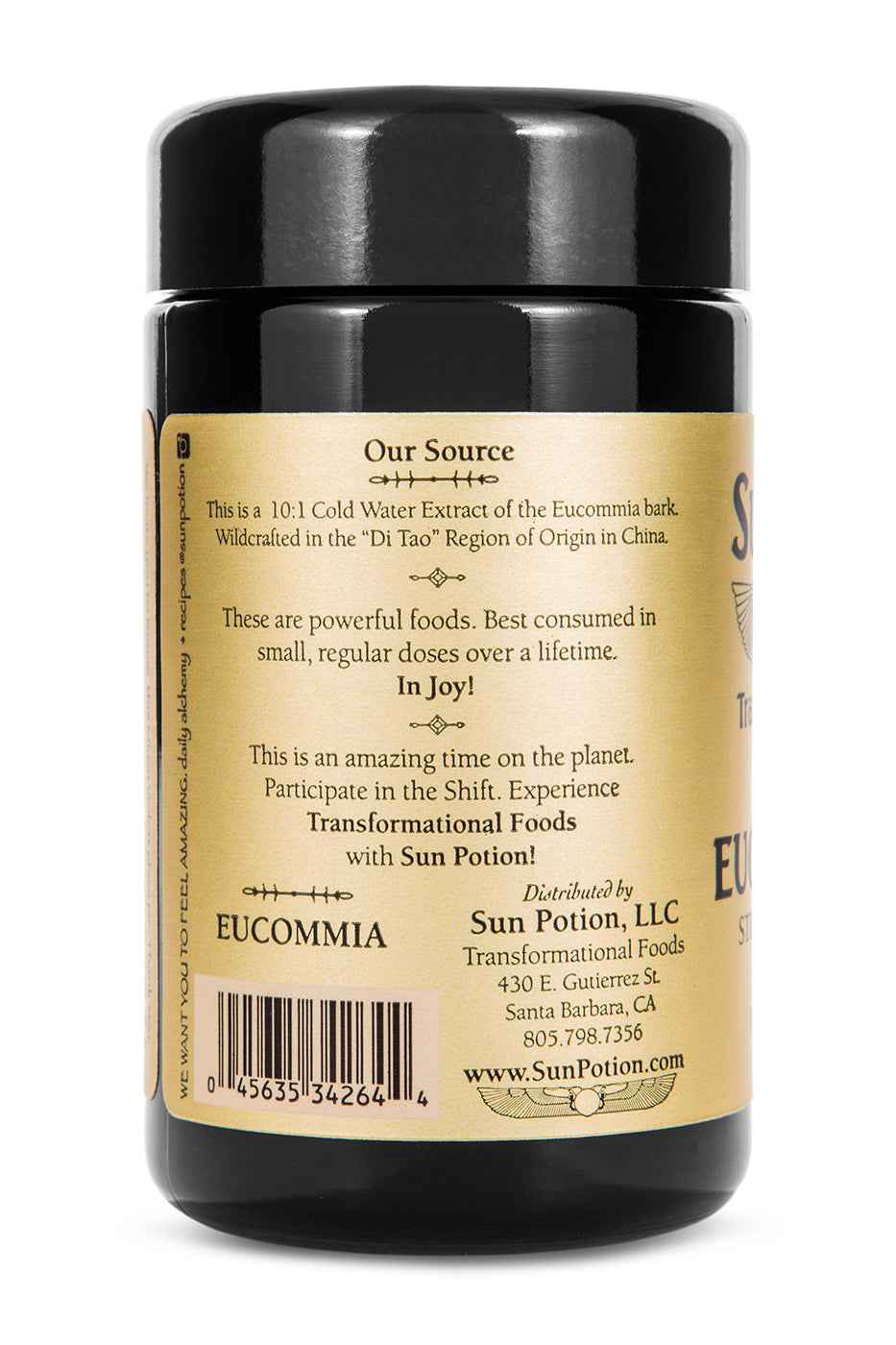 Back of the Sun Potion Eucommia jar with the Our Source note and barcode