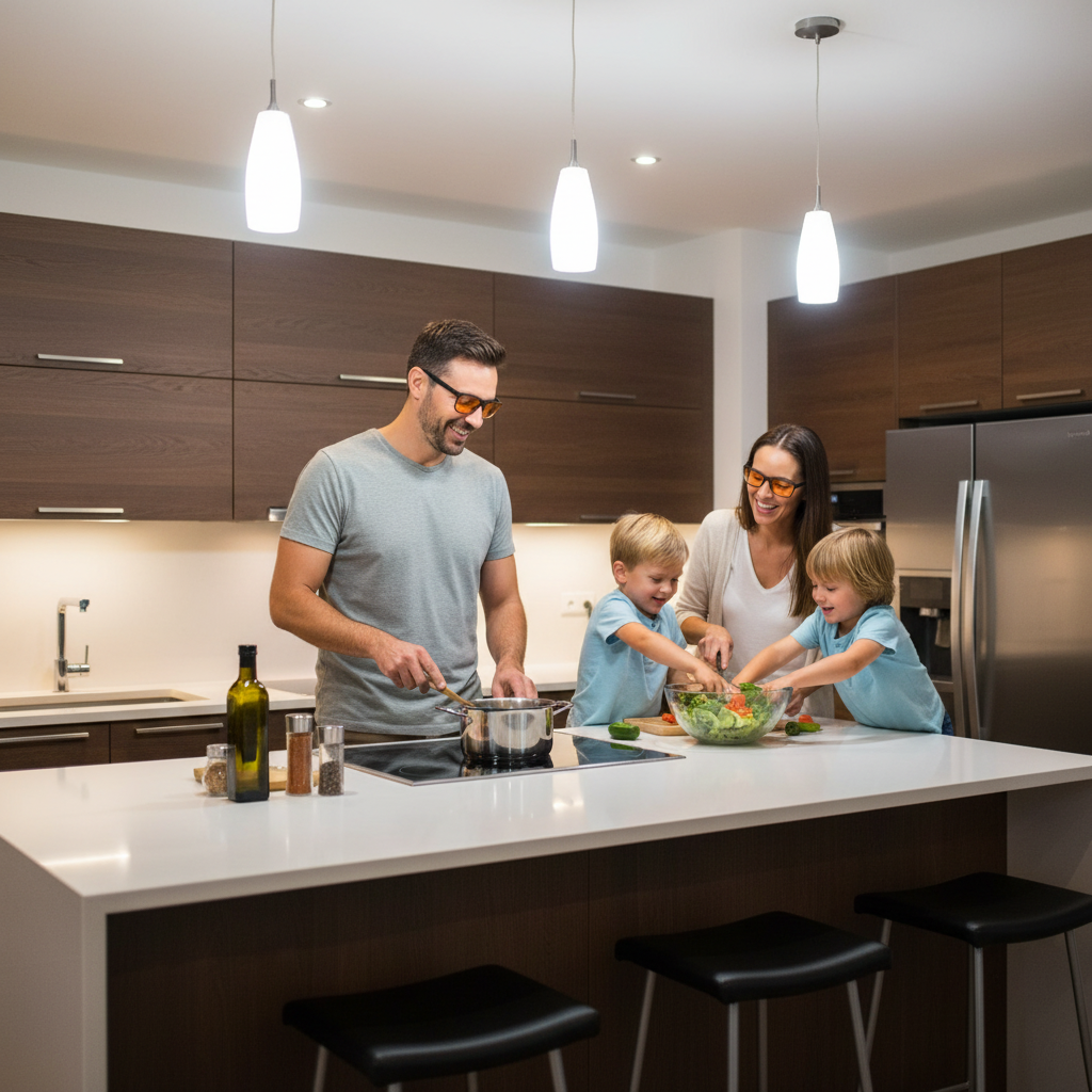 Family cooking in a kitchen, adults wearing DreamWalkerz Moonwalkerz orange-lens glasses