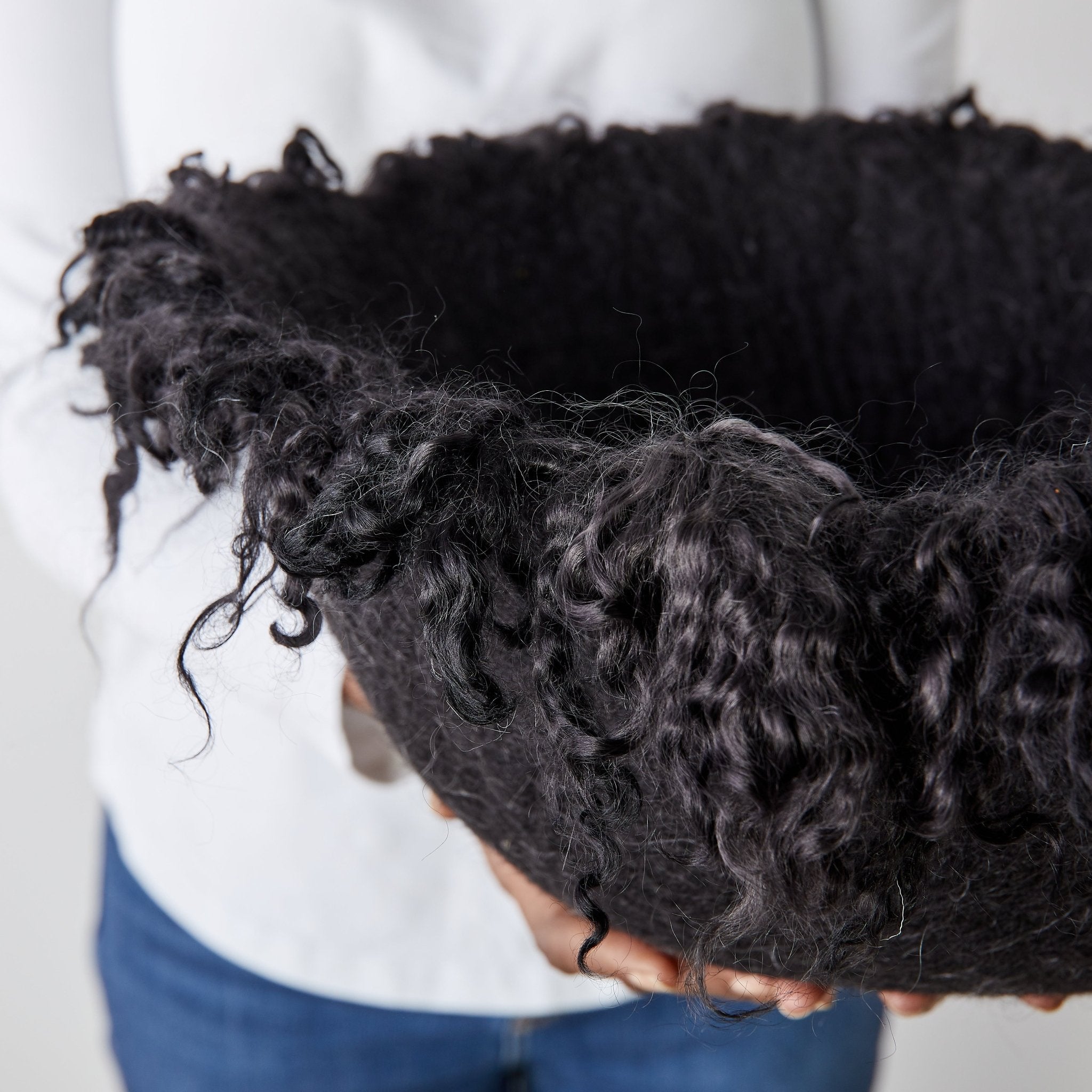 Fringed Skirt Black Decorative Karakul Wool and Mohair Bowl Kanju Interiors