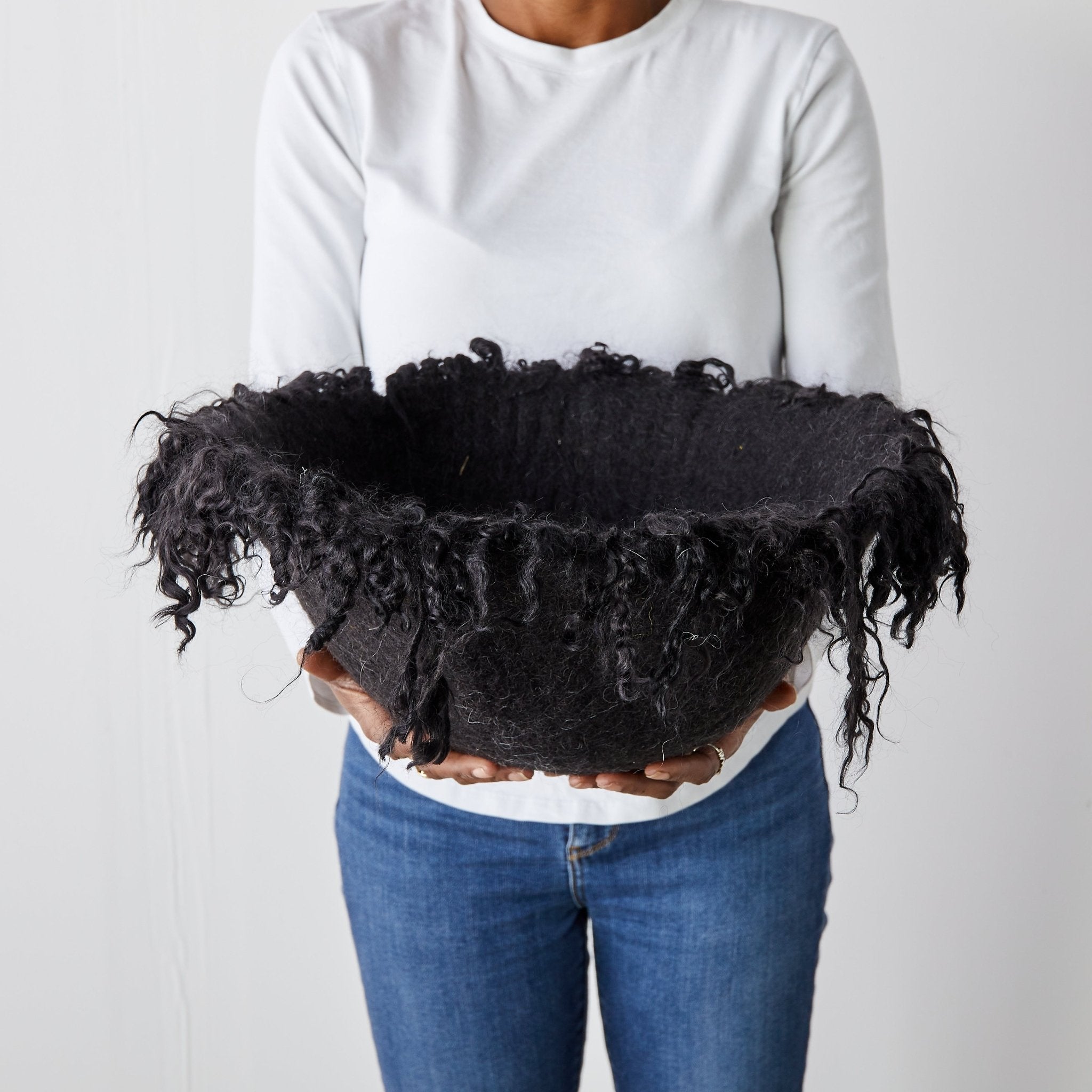 Fringed Skirt Black Decorative Karakul Wool and Mohair Bowl Kanju Interiors