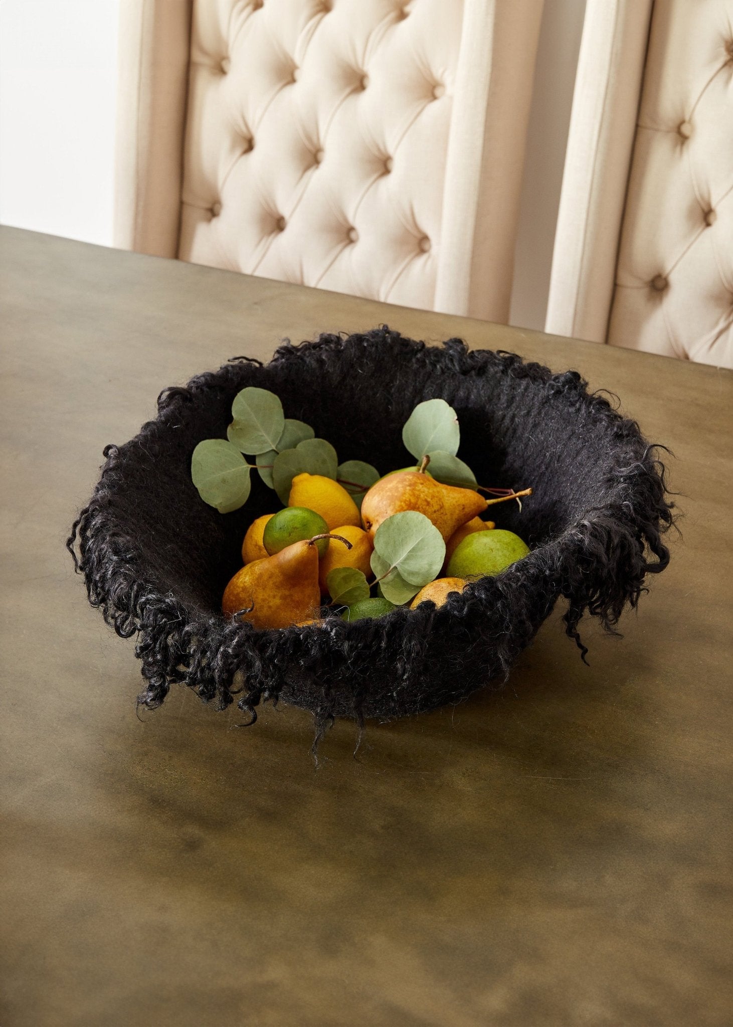 Fringed Skirt Black Decorative Karakul Wool and Mohair Bowl Kanju Interiors