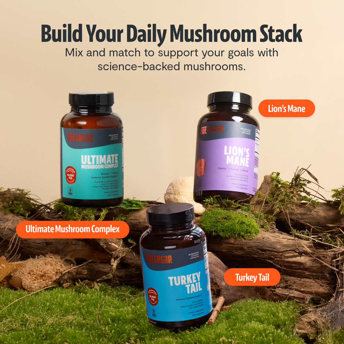 Build your daily mushroom stack: FreshCap Mushrooms Lion's Mane Capsules with Ultimate Mushroom Complex and Turkey Tail