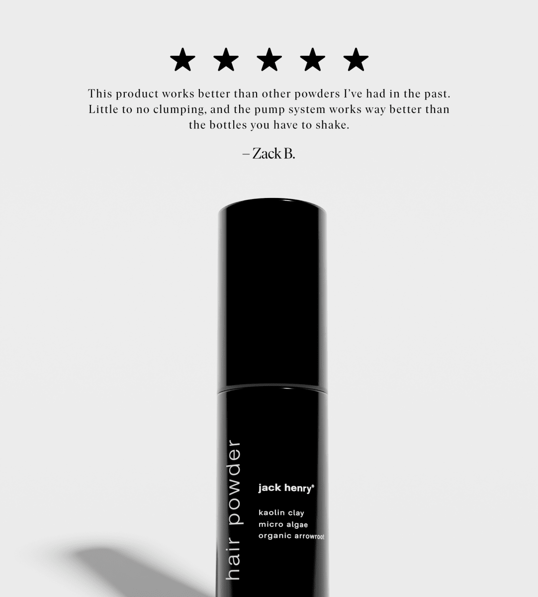 Five-star customer review of Jack Henry Hair Powder above the bottle