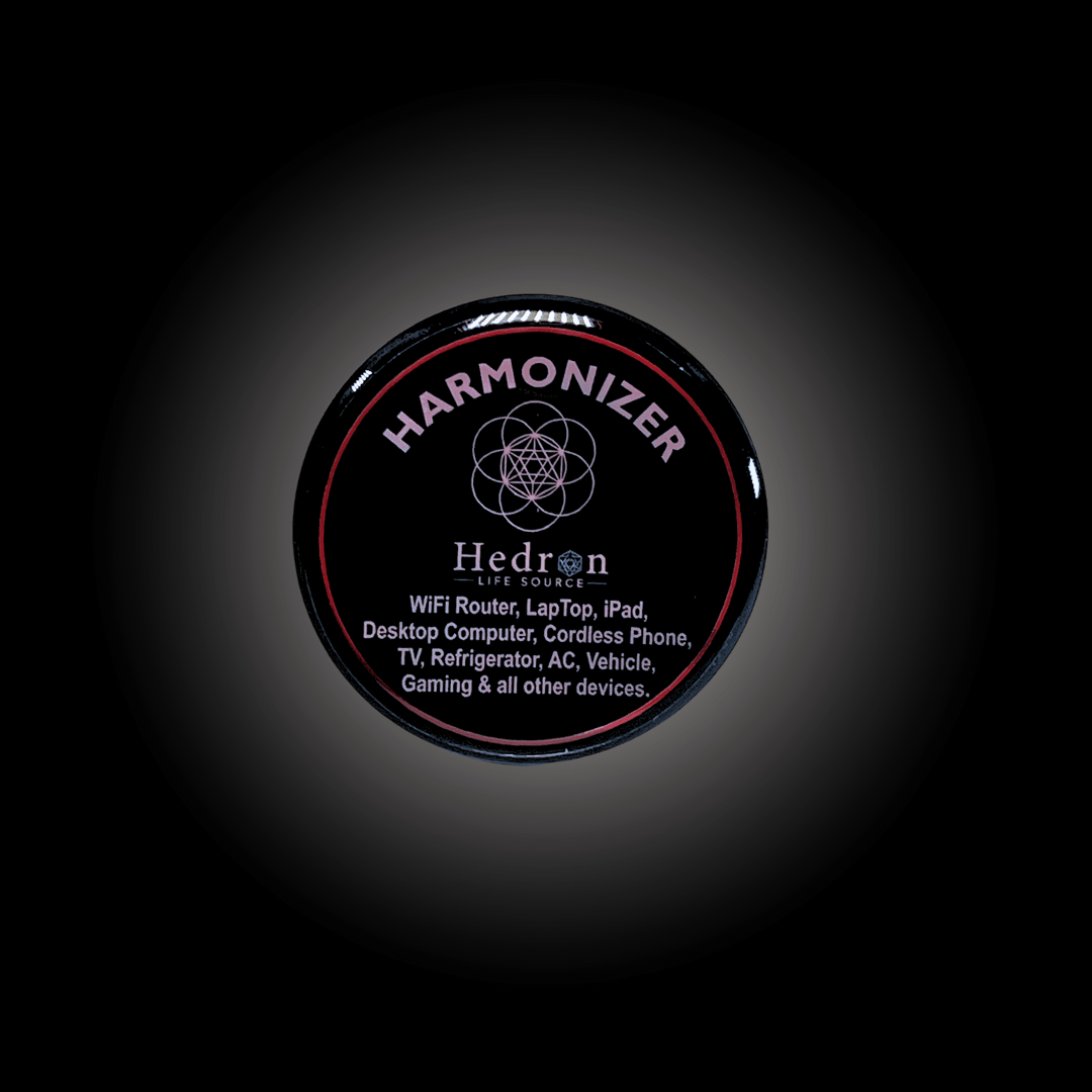 Hedron Life Source Harmonizer round black disc listing WiFi router, laptop, iPad, desktop, phone, TV and other devices