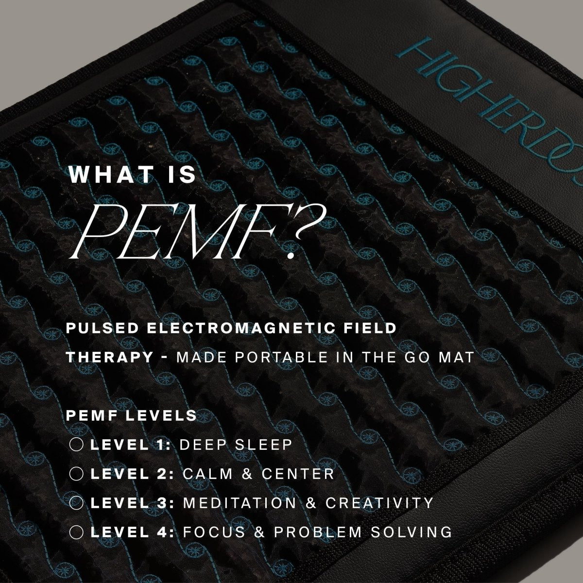 Close-up of the HigherDOSE Infrared PEMF Go Mat: what is PEMF, made portable, with four levels