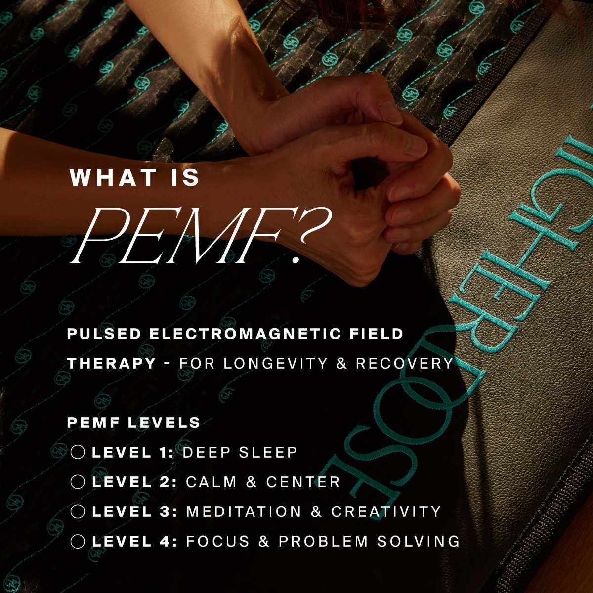 Hands working the HigherDOSE Infrared PEMF Pro Mat: what is PEMF, with four PEMF levels