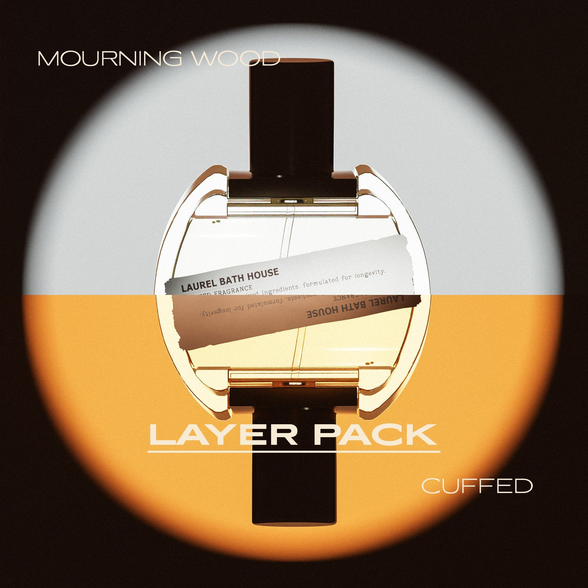 Layer Pack 001 graphic of Laurel Bath House Mourning Wood and Cuffed perfume bottles in orange and white circles