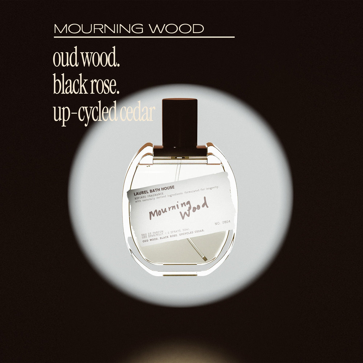 Laurel Bath House Mourning Wood notes graphic: oud wood, black rose and up-cycled cedar