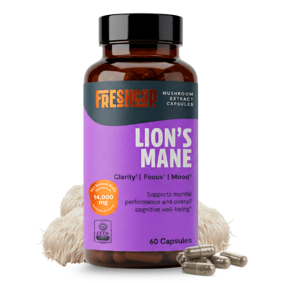 FreshCap Mushrooms Lion's Mane Capsules bottle, 60 capsules, 14,000mg, with lion's mane mushrooms and capsules on white