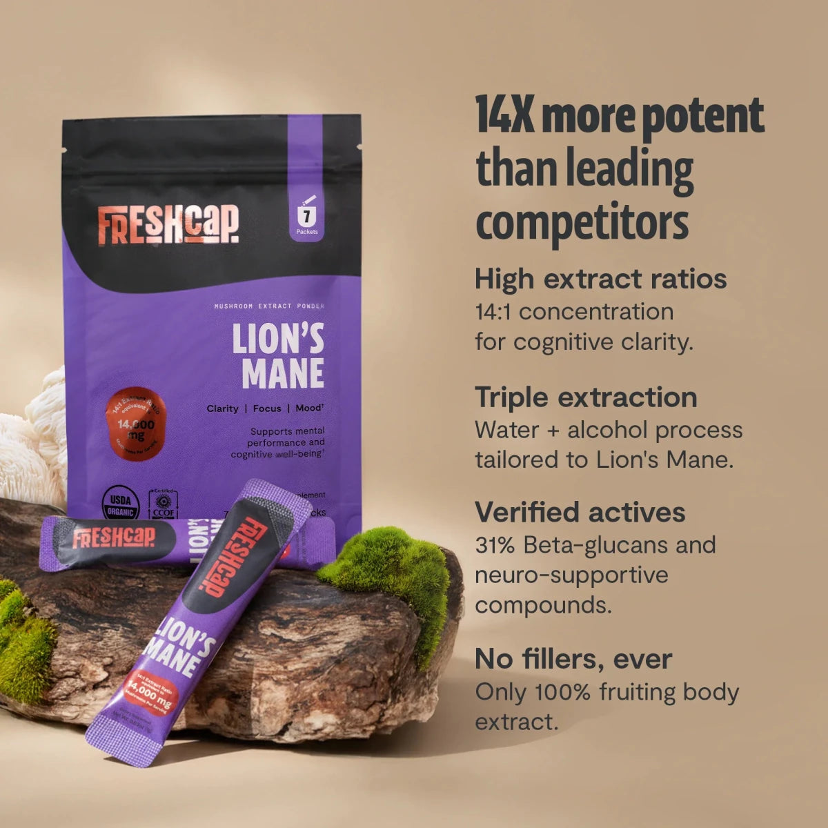 FreshCap Mushrooms Lion's Mane Powder stick packs and pouch: 14x more potent than leading competitors, no fillers