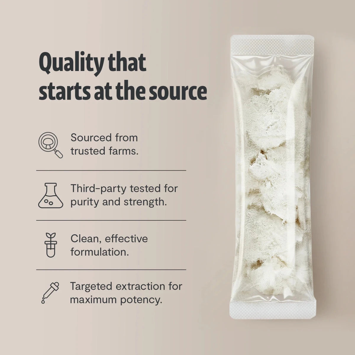 FreshCap Mushrooms Lion's Mane Powder stick pack: quality starts at the source, third-party tested, clean formulation