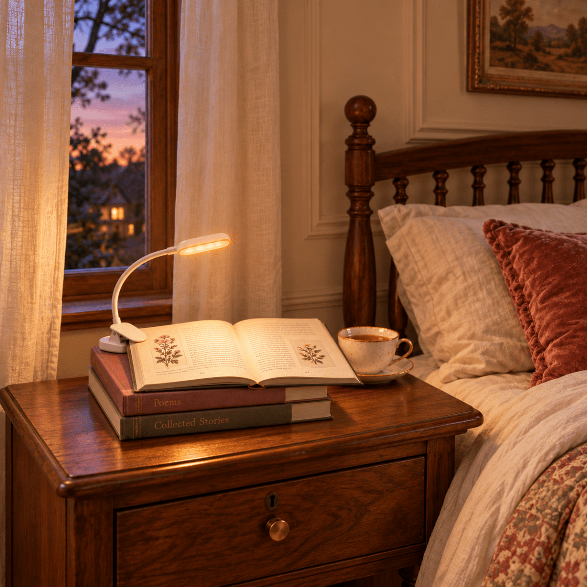DreamWalkerz Lumina blue light-free clip-on reading lamp clipped to a book on a wooden nightstand beside a bed at dusk