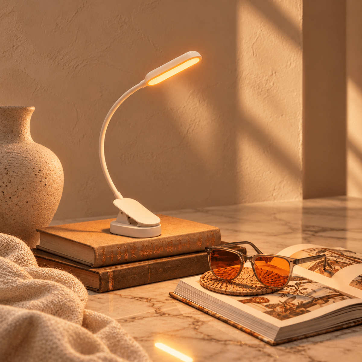 DreamWalkerz Lumina blue light-free clip-on reading lamp glowing amber on a stack of books beside amber glasses and an open book