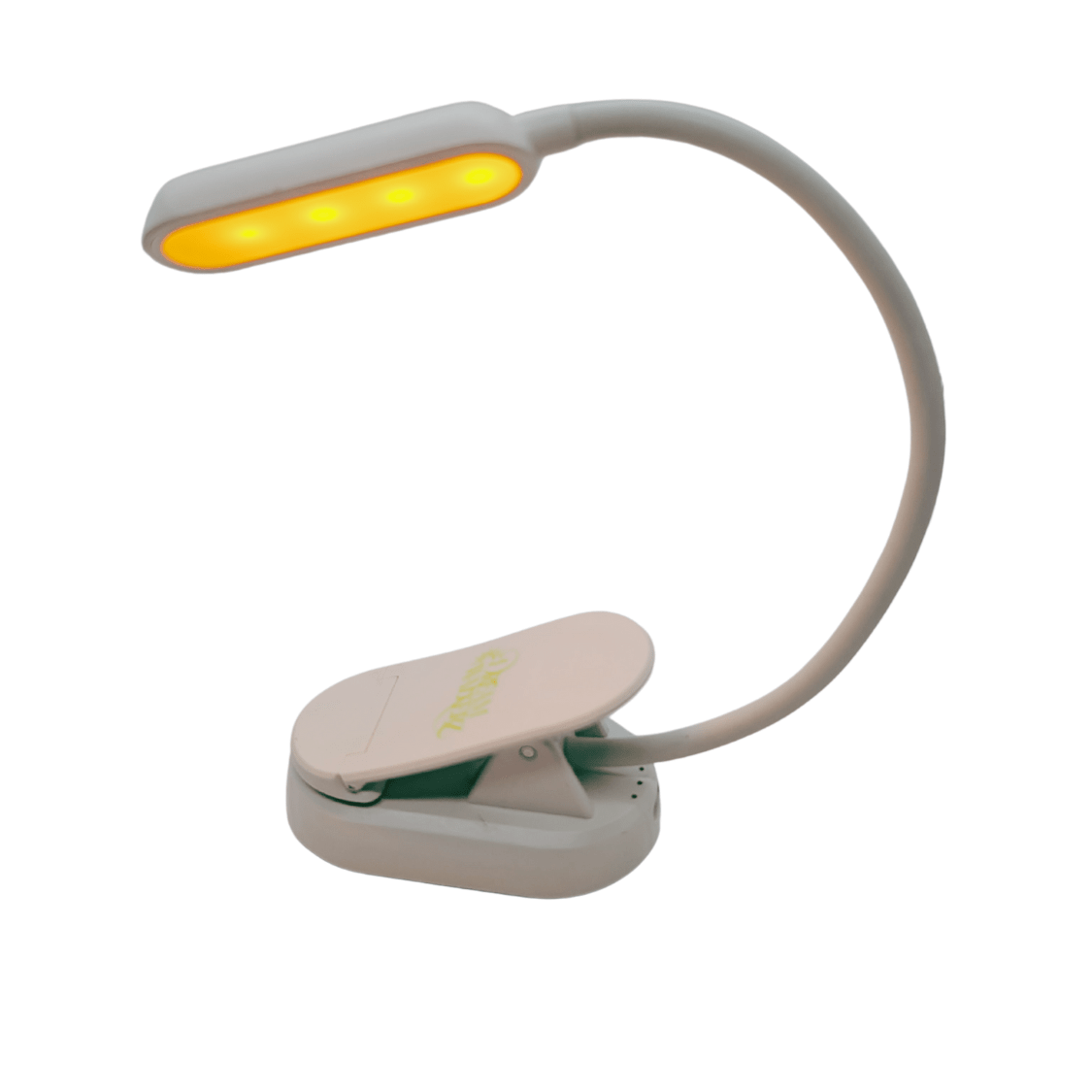 DreamWalkerz Lumina blue light-free clip-on reading lamp glowing amber, side view