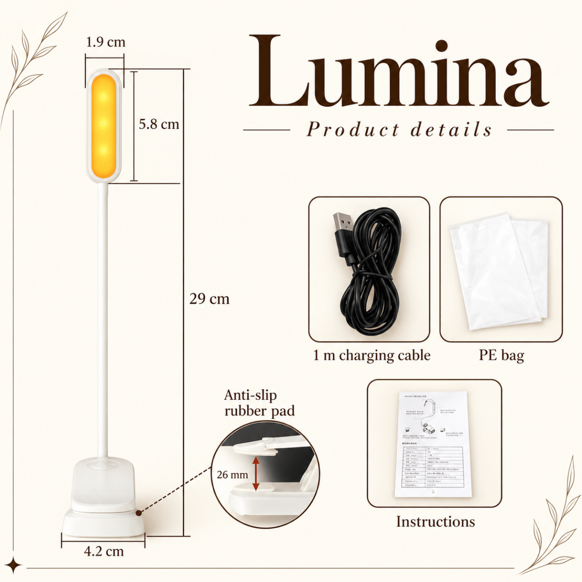 DreamWalkerz Lumina blue light-free clip-on reading lamp product details: 29 cm tall with a 5.8 cm light head and 4.2 cm base, anti-slip rubber pad; comes with a 1 m charging cable, storage bag and instructions