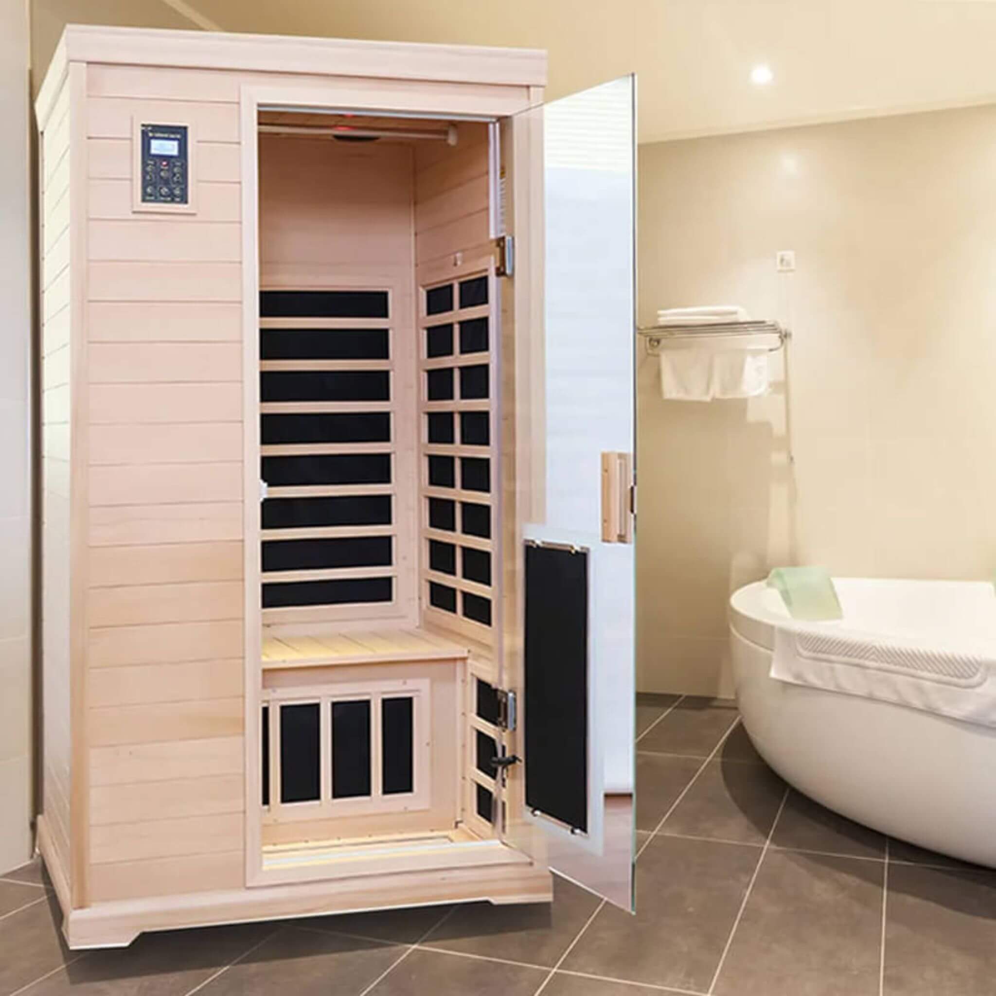 Luxury 2 - Person Hemlock Wood FAR Infrared Sauna Room W/ Glass Door, 1750W (SAK81525) SAKSBY WHOLESALE