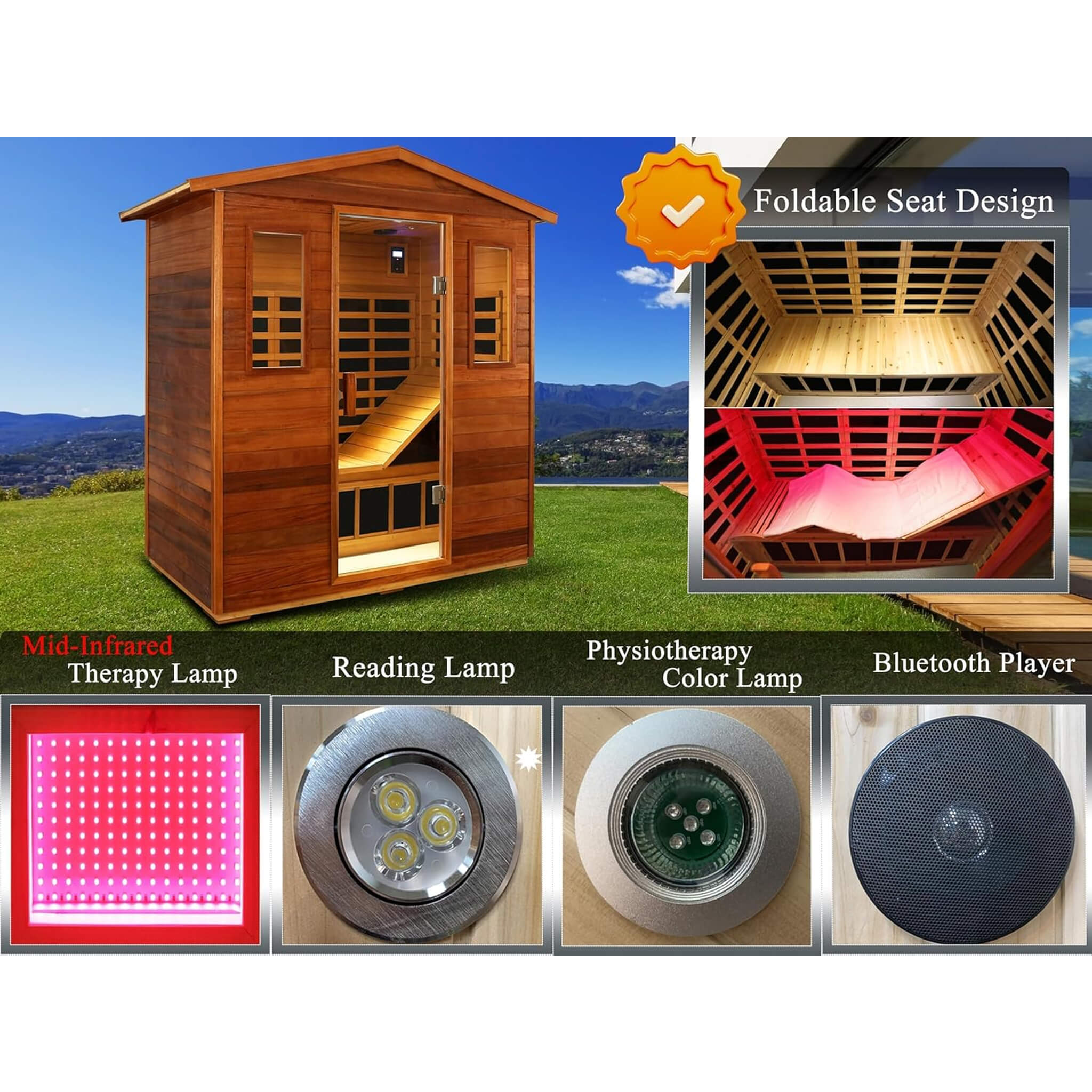 Luxury 3 Person Outdoor Mahogany Full Spectrum Ultra Low EMF FAR Infrared Sauna W/ Chromotherapy & Bluetooth Speakers SAKSBY