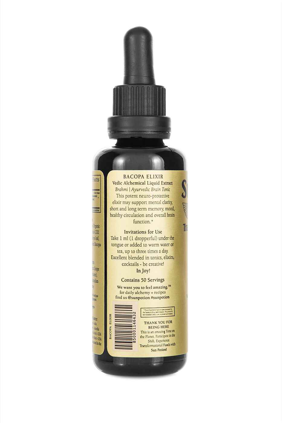 Side of the Sun Potion Bacopa Transcendent Elixir bottle with instructions for use and barcode