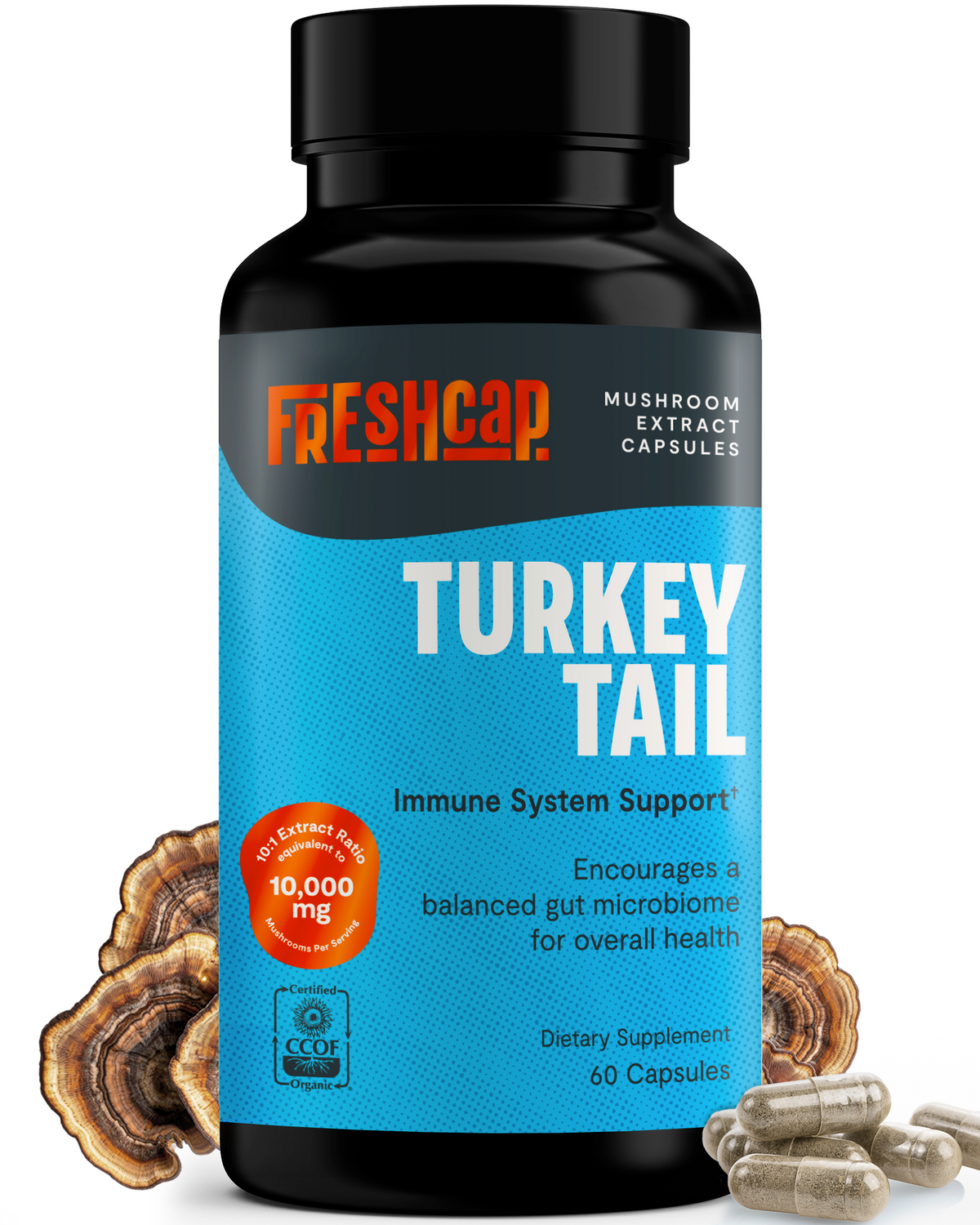 FreshCap Mushrooms Turkey Tail Capsules black bottle, 10,000mg, 60 capsules, with mushrooms and capsules
