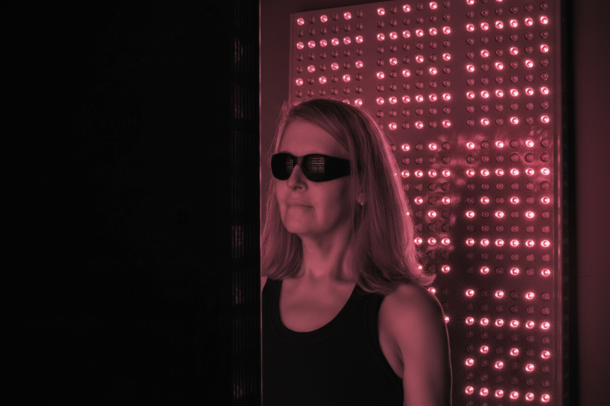 Person wearing sunglasses in front of a pink LED wall