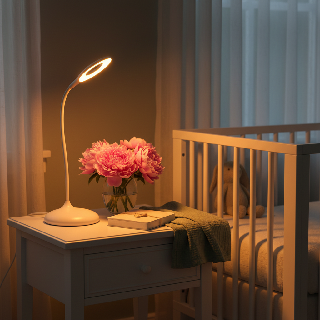 DreamWalkerz circadian nursery lamp glowing amber beside a crib with peonies