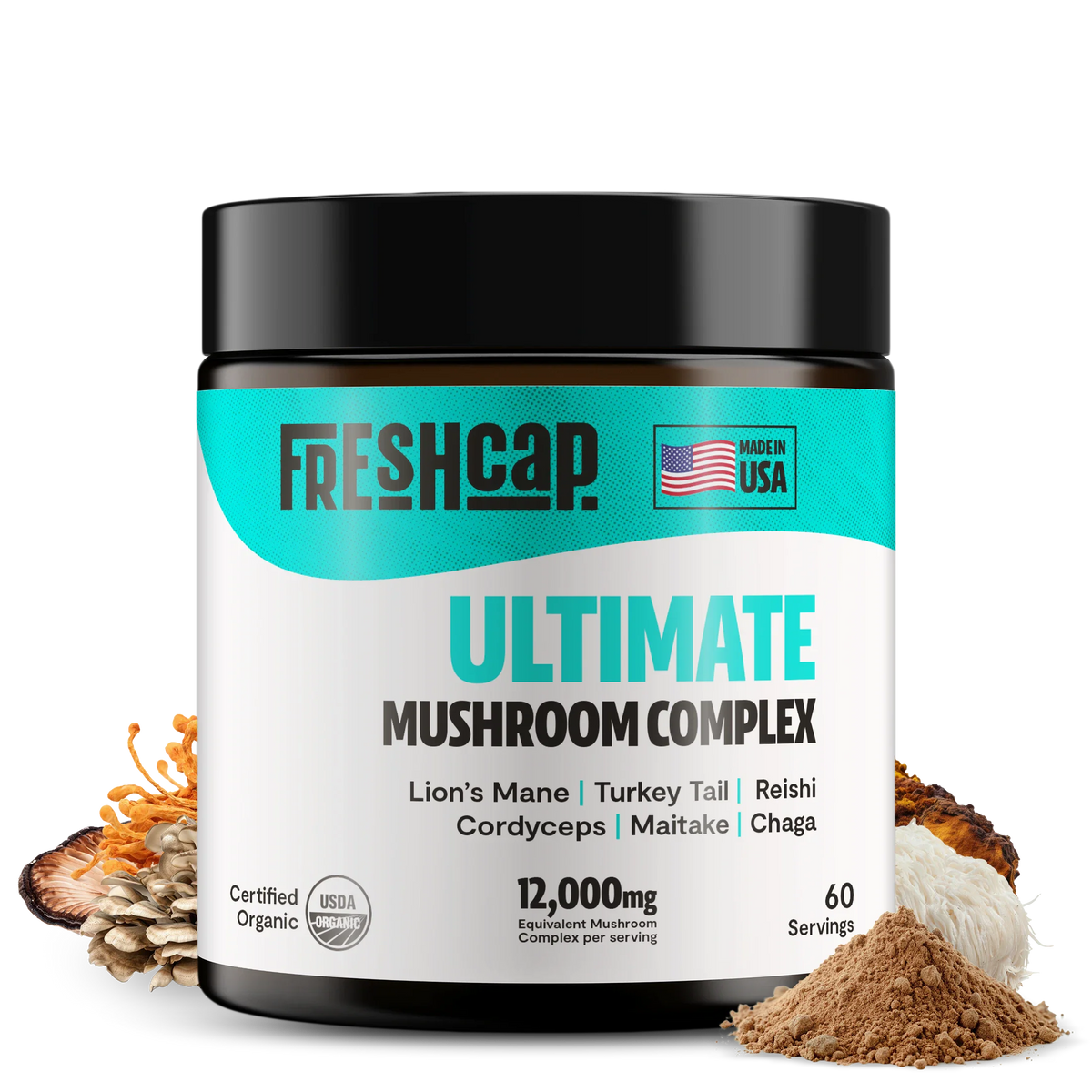 FreshCap Mushrooms Ultimate Mushroom Complex Powder jar with USDA organic seal, 12,000mg, 60 servings, on white