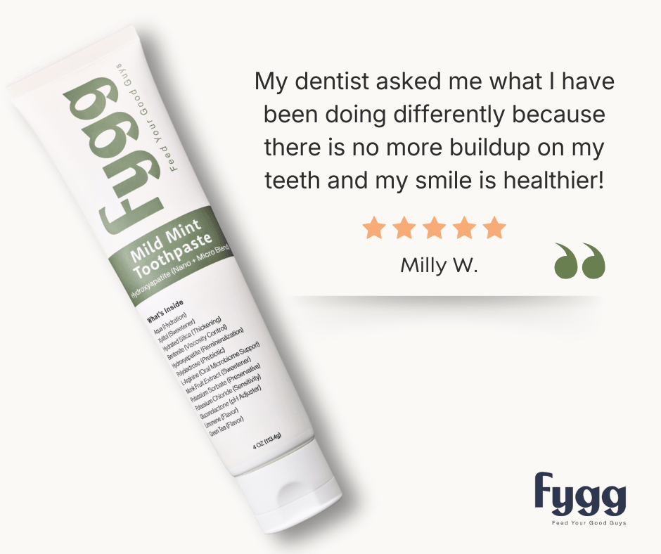 Fygg toothpaste tube with customer review on a white background