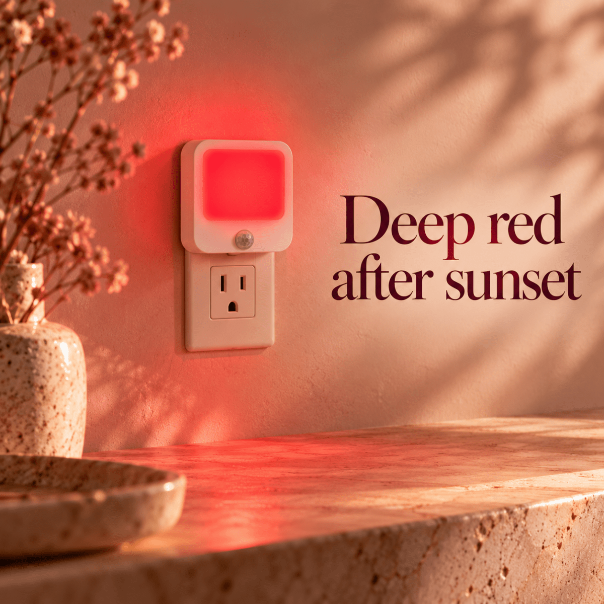 DreamWalkerz motion-sensing red nightlight plugged into a wall outlet: deep red after sunset
