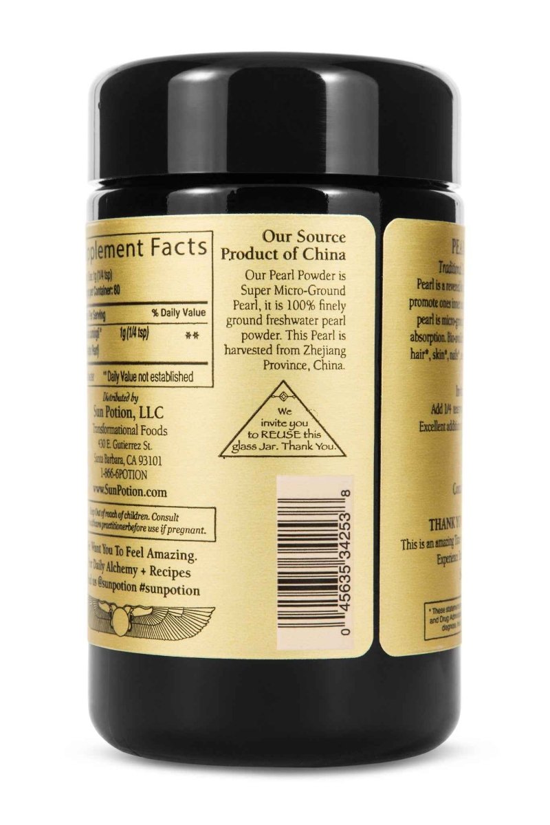 Back of the Sun Potion Pearl Powder jar with the source note and barcode
