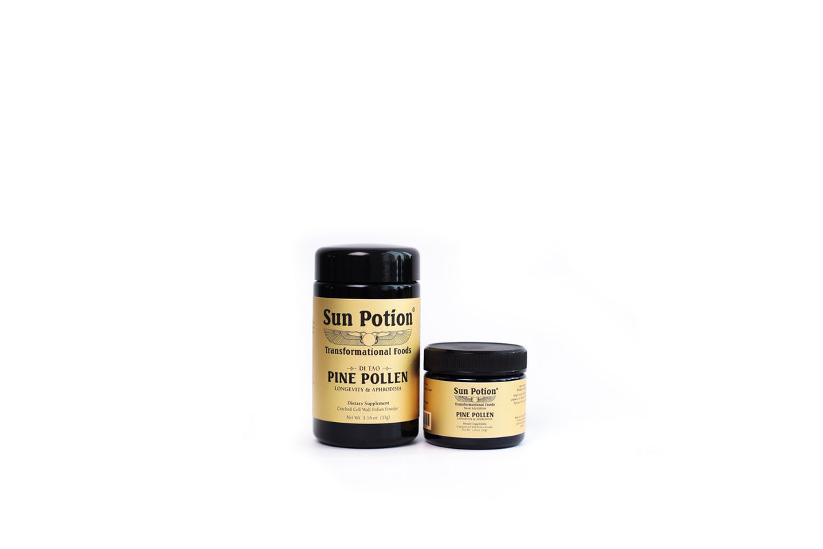 Sun Potion Pine Pollen Travel Ally Edition small jar beside the full-size Pine Pollen jar