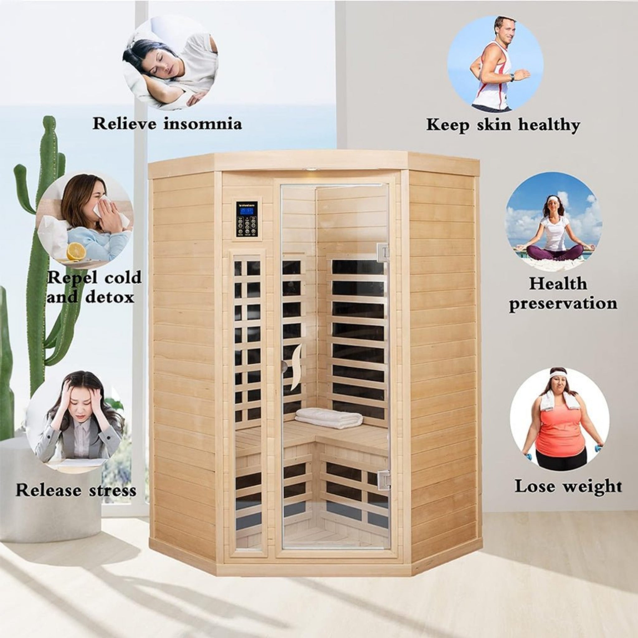 Premium 2 - Person Corner Space Infrared Wooden Sauna Room With Bluetooth Speakers, 1600W (SAK81524) SAKSBY WHOLESALE