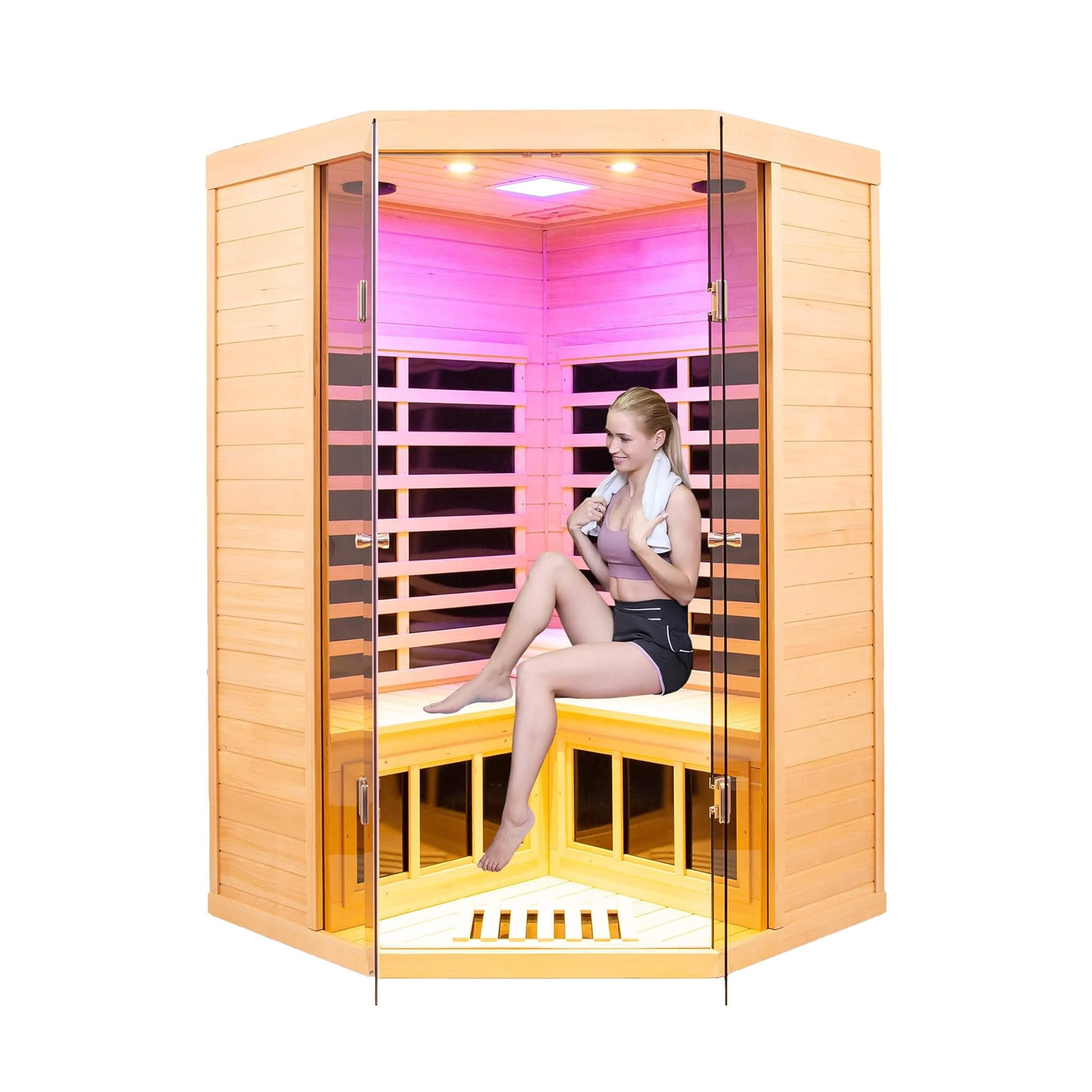 Premium 2 - Person Corner Space Infrared Wooden Sauna Room With Bluetooth Speakers, 1600W (SAK81524) SAKSBY WHOLESALE