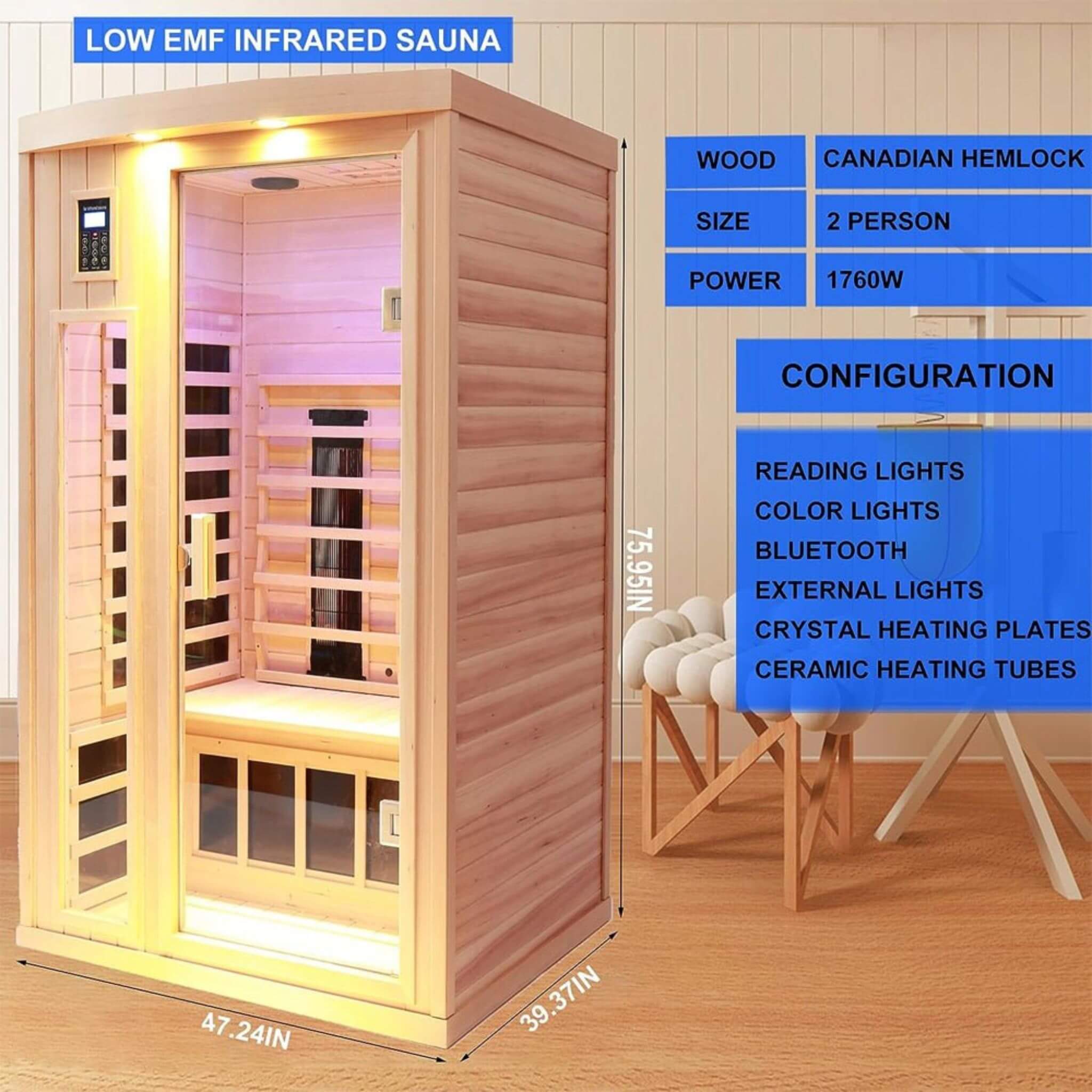 Premium 2 - Person Low EMF FAR - Infrared Heat Wood Home Personal Spa Sauna With Ceramic Heaters, 1760W SAKSBY WHOLESALE