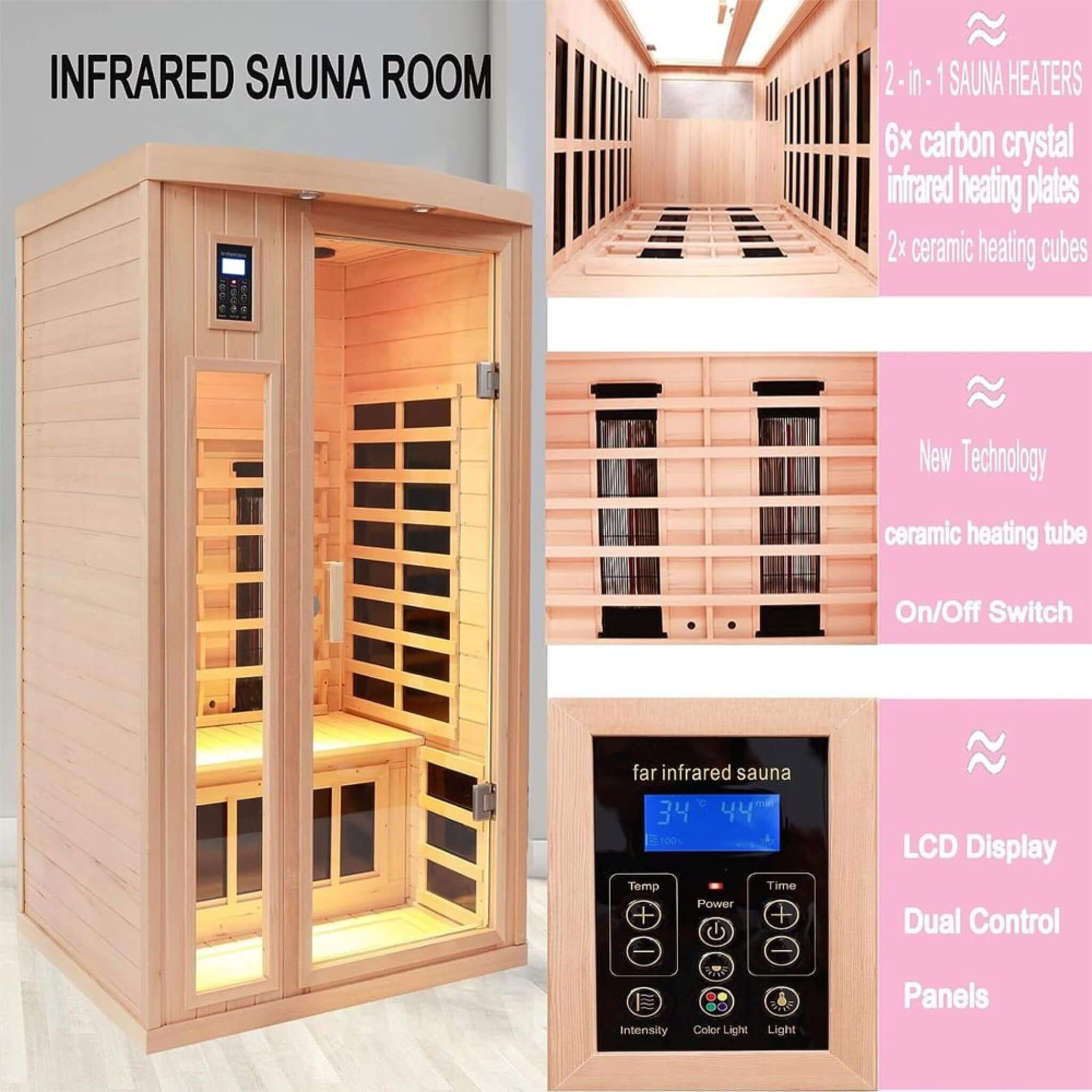 Premium 2 - Person Low EMF FAR - Infrared Heat Wood Home Personal Spa Sauna With Ceramic Heaters, 1760W SAKSBY WHOLESALE