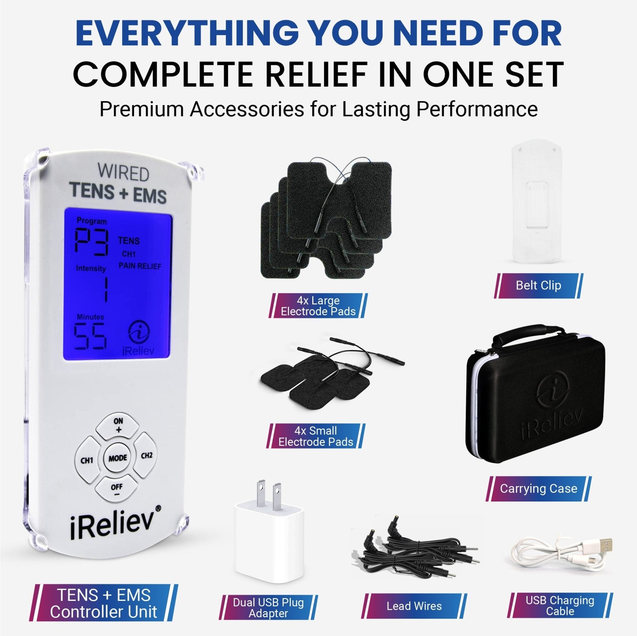 Premium TENS + EMS Pain Relief & Recovery iReliev