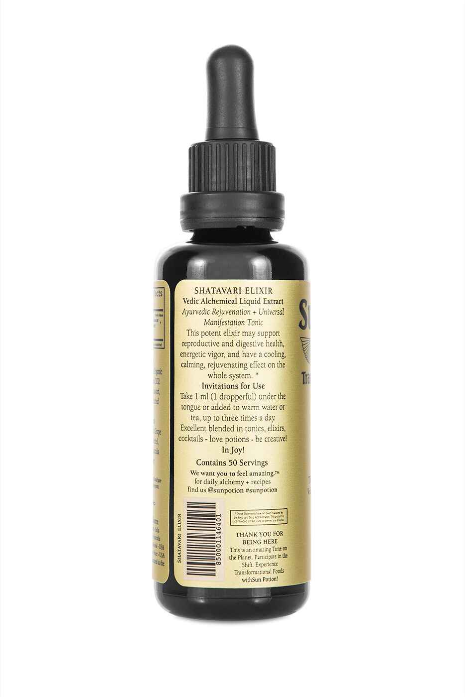 Side of the Sun Potion Shatavari Transcendent Elixir bottle with instructions for use