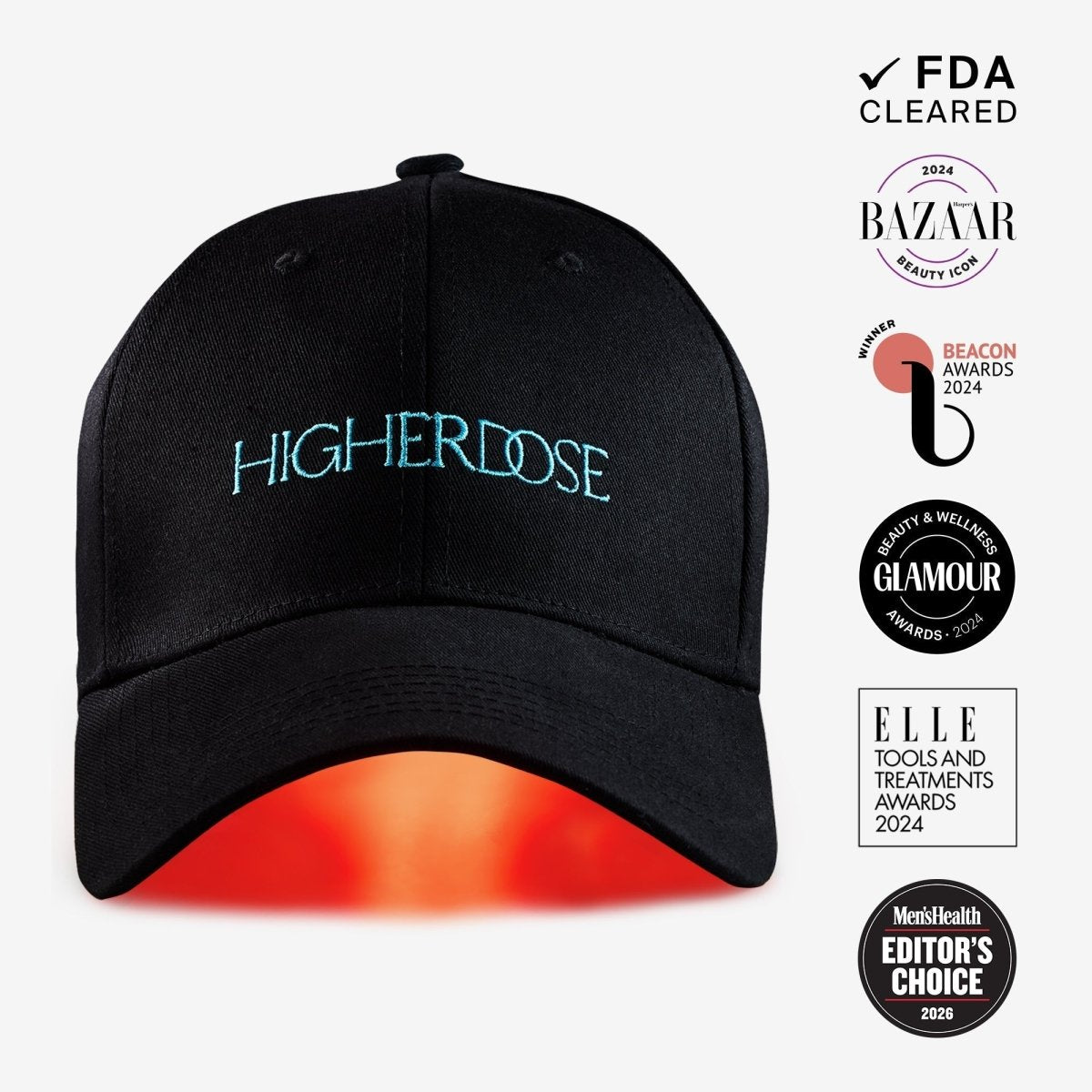 HigherDOSE Red Light Hat in black with teal logo and badges: FDA cleared, Bazaar, Glamour, ELLE, Men's Health