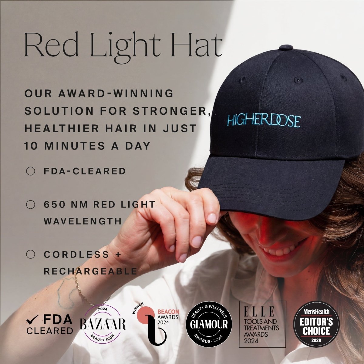 Smiling woman wearing the HigherDOSE Red Light Hat: award-winning solution for stronger, healthier hair in 10 minutes a day
