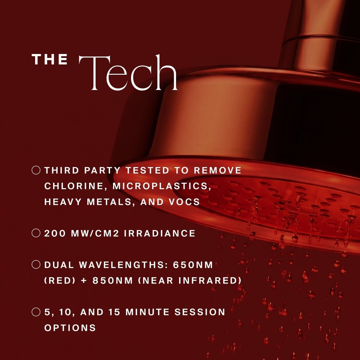 HigherDOSE Red Light Showerhead Filter tech graphic with a gold showerhead on a dark red background