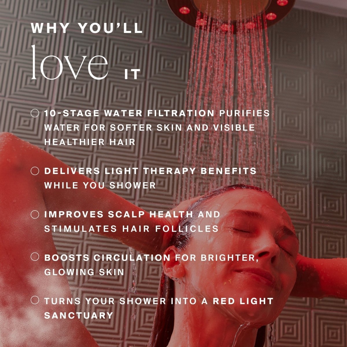 Woman rinsing her hair with HigherDOSE Red Light Showerhead Filter benefits listed