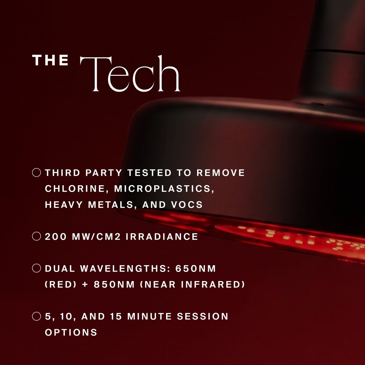 HigherDOSE Red Light Showerhead Filter tech graphic on a dark red background of the black showerhead
