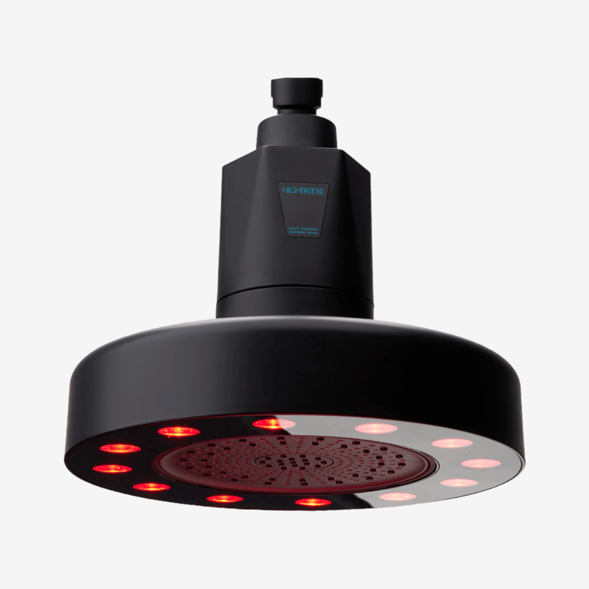 Black HigherDOSE Red Light Showerhead Filter on white, front view