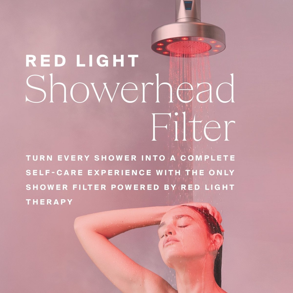 HigherDOSE Red Light Showerhead Filter in a pink-lit shower: the only shower filter powered by red light therapy