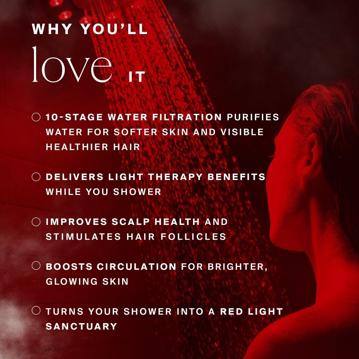 HigherDOSE Red Light Showerhead Filter benefits graphic with a red-lit shower and a woman's profile