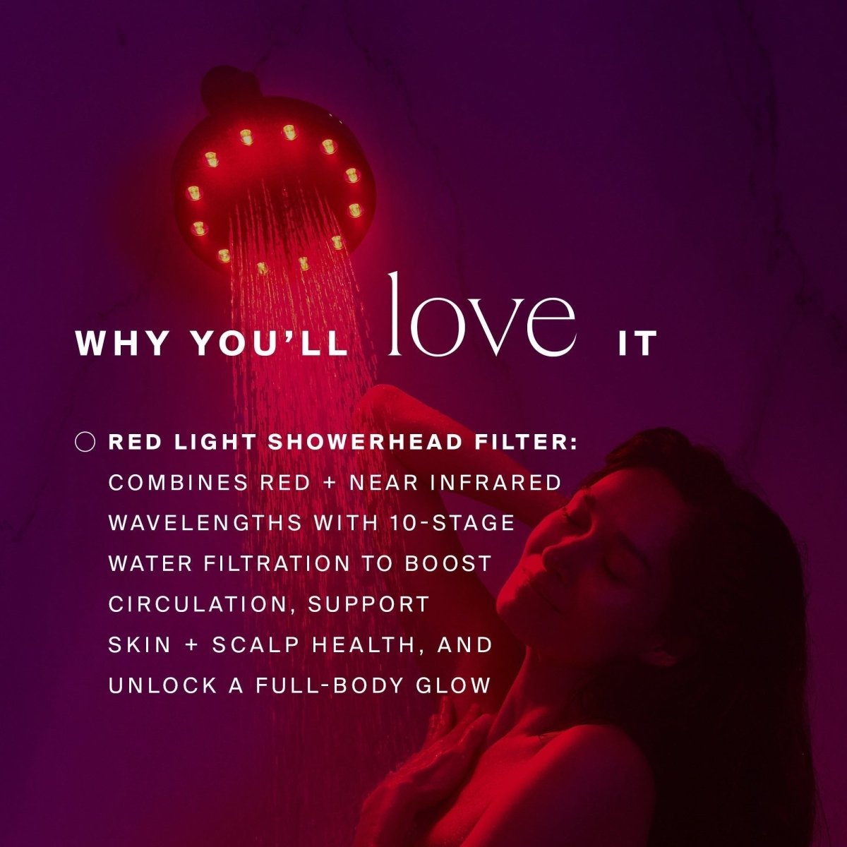 HigherDOSE Red Light Showerhead Filter benefits graphic: red and near-infrared light with 10-stage filtration