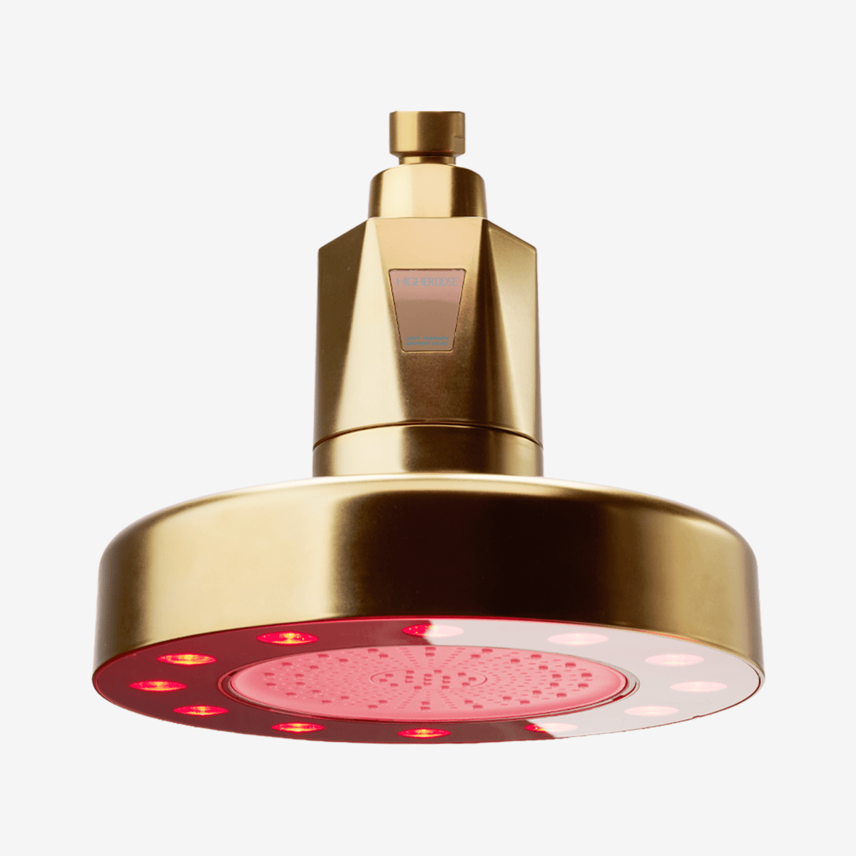 Gold HigherDOSE Red Light Showerhead Filter on white, front view